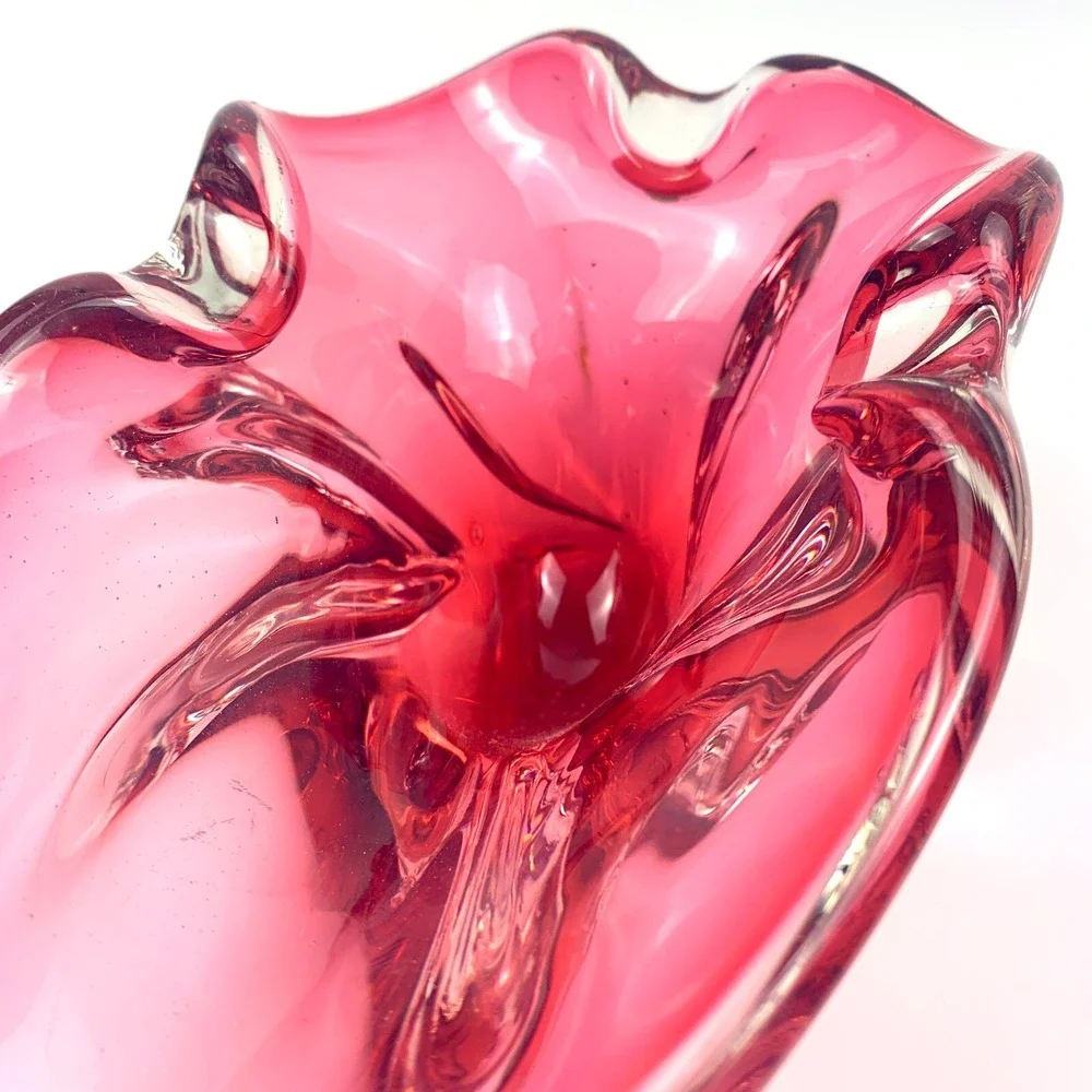 MCM Hand Blown Glass Ashtray Bowl Pair of 2 Harrachov/Czech Cranberry Pink 1950s - Picture 12 of 12